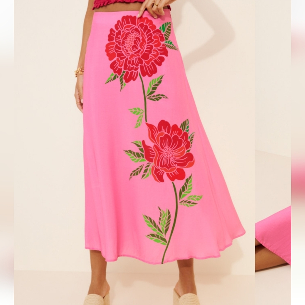 FARM Rio Pink Midi Skirt with Red Floral Print
